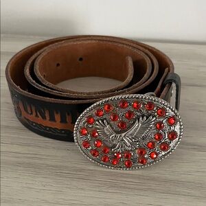 Men's Black Leather Belt with Silver and Red Eagle Buckle